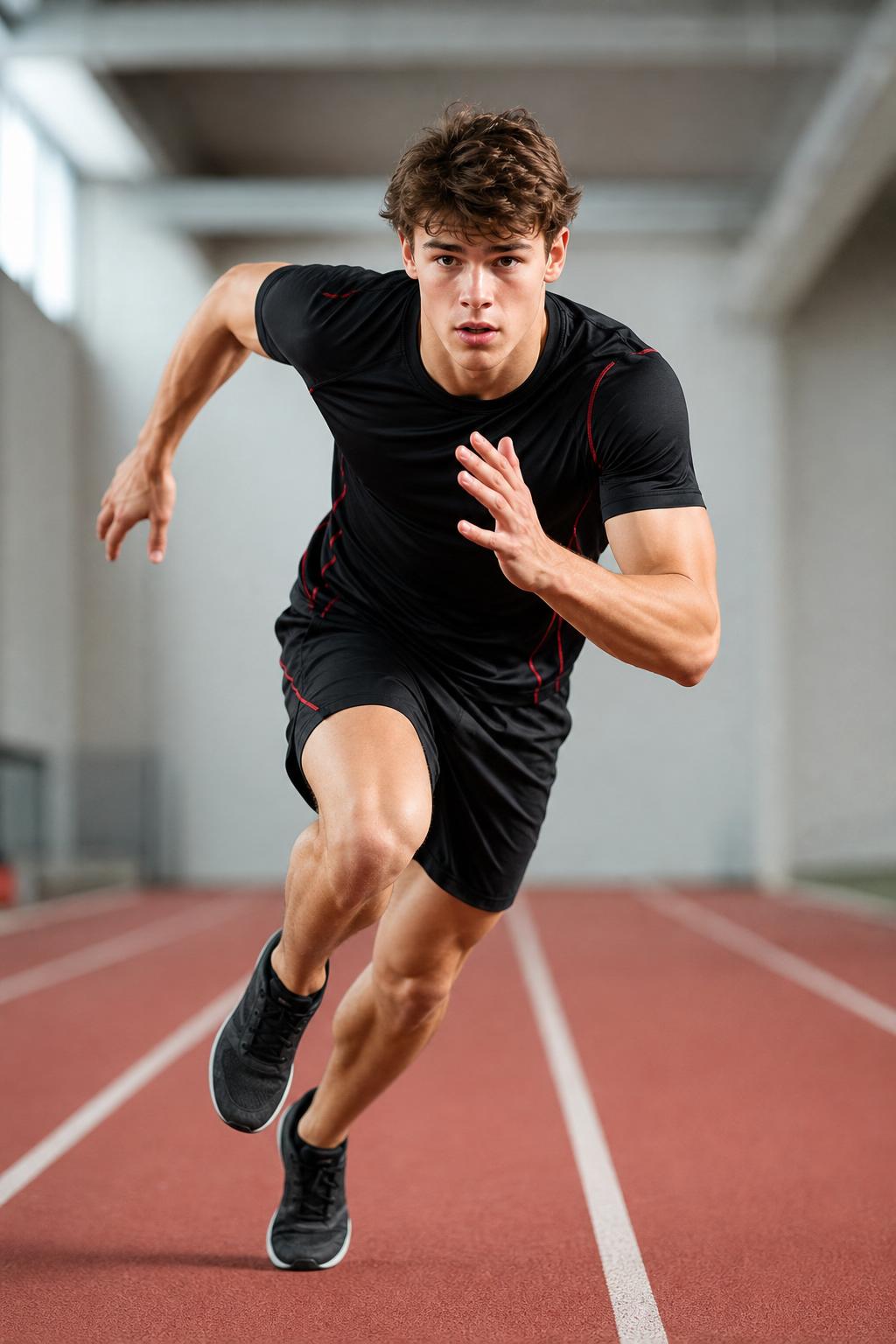 Teenage male athlete sprinting at full speed